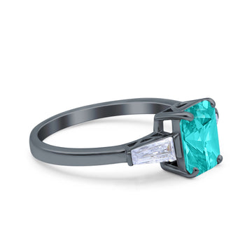 Art Deco Wedding Ring Emerald Cut Black Tone, Simulated Paraiba Tourmaline CZ 925 Sterling Silver